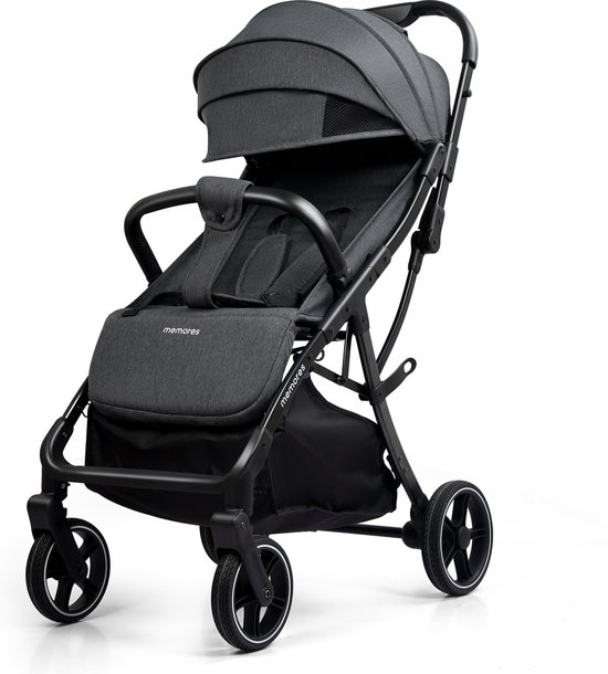 Memores Plooibuggy Grijs- Buggy Inklapbaar Inclusief Regenhoes en Bekerhouder - Peuter - Extra licht & Compact voor Vliegtuig, Auto & OV - Extra Veilig en Wendbaar door Grote Massieve Wielen - Tot 4 jaar - Kinderwagens - Wandelwagen - M1 van Memores
