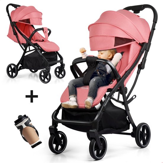 Memores Plooibuggy Roze - Buggy Inklapbaar Inclusief Regenhoes en Bekerhouder - Peuter -Extra licht & Compact voor Vliegtuig, Auto & OV - Extra Veilig en Wendbaar door Grote Massieve Wielen - Tot 4 jaar - Kinderwagens - Wandelwagen - M1 van Memores