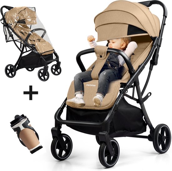 Memores Plooibuggy Taupe - Buggy Inklapbaar - Inclusief Regenhoes en Bekerhouder - Peuter - Extra licht & Compact voor Vliegtuig, Auto & OV - Extra Veilig en Wendbaar door Grote Massieve Wielen - Tot 4 jaar - Kinderwagens - Wandelwagen - M1 van Merkloos