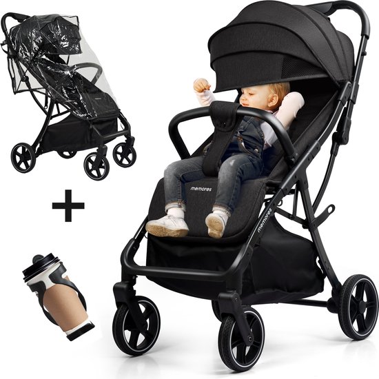 Memores Plooibuggy Zwart - Buggy Inklapbaar Inclusief Regenhoes en Bekerhouder - Peuter -Extra licht & Compact voor Vliegtuig, Auto & OV - Extra Veilig en Wendbaar door Grote Massieve Wielen - Tot 4 jaar - Kinderwagens - Wandelwagen - M1 van $
