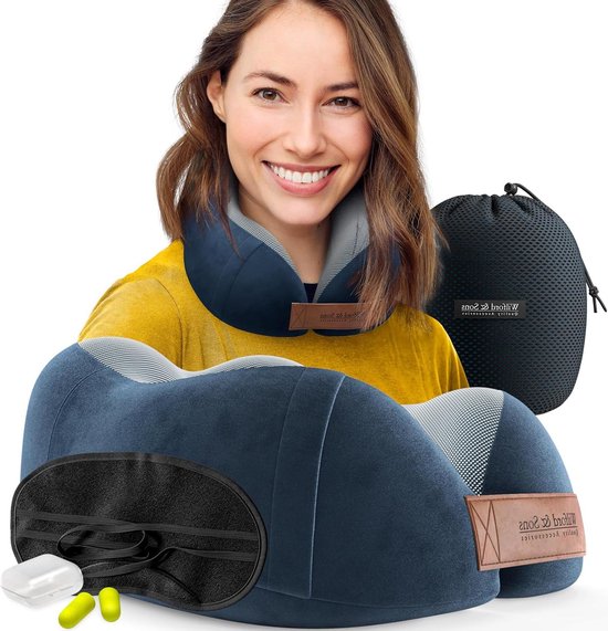 Memory Foam Reiskussen Set - Slaapmasker Oordopjes Tas - U-Vorm Traagschuim - Zacht Wasbaar - Hoofdkussen Vliegtuig Auto Bus Trein Vakantie - Man Vrouw van Flowen
