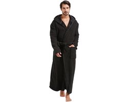 Mens Plush Robe with Hood Full Length Winter Long Luxury Hooded Bathrobe for Men Big and Tall (Black, L/XL)