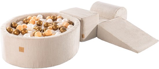 MeowBaby® Ecru Ronde Ballenbak met Speelset + 200 Beige/Wit Ballen