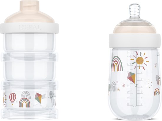 Mepal Melkpoedertoren + babyfles 240 ml Mio - Set voor flesvoeding - Sunshine & Rainbow van Merkloos