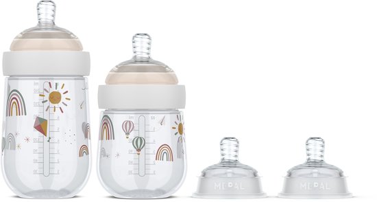 Mepal Mio Starterset babyflessen 3-delig - Anti-koliek - Spiraalontwerp voorkomt verstopping - Siliconen van medische kwaliteit - Sunshine & Rainbow