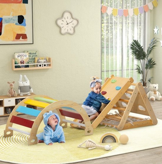 MEUNIQ indoor klimrek 7-in-1 met klimdriehoek, klimboog, glijbaan en klimnet, houten speeltoestel voor speelkamer, modulair ontwerp, tot 50 kg, multicolor