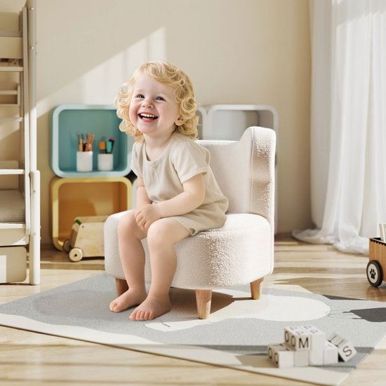MEUNIQ kindersessel fauteuil 47 x 43 x 53 cm met teddyfleece, schuimvulling, berenoren, houten poten en armleuningen voor kinderkamer, beige