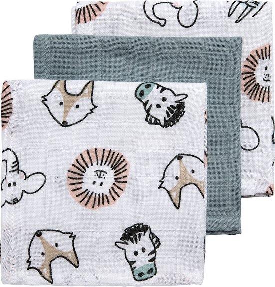 Meyco Baby Animal monddoekjes - 3-pack - hydrofiel - multicolour - 30x30cm van Meyco Baby