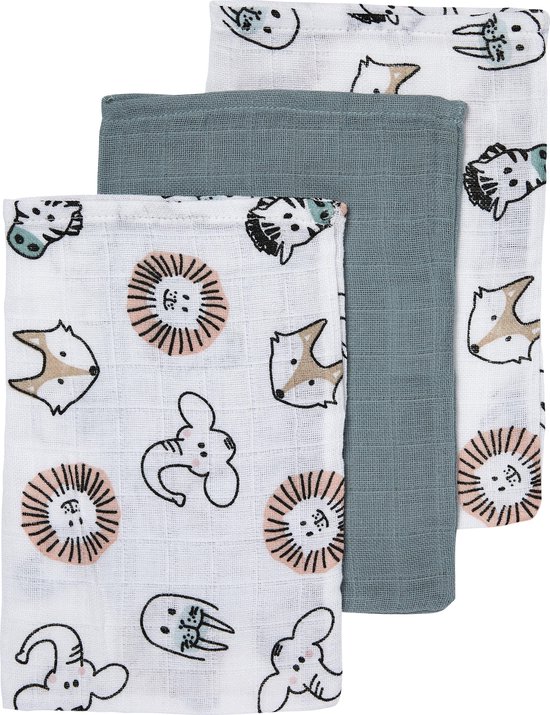 Meyco Baby Animal washandjes - 3-pack - hydrofiel - multicolour - 20x17cm van Meyco
