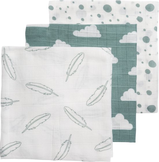 Meyco Baby Clouds/Dots/Feathers hydrofiele doeken - 3-pack - stone green - 70x70cm