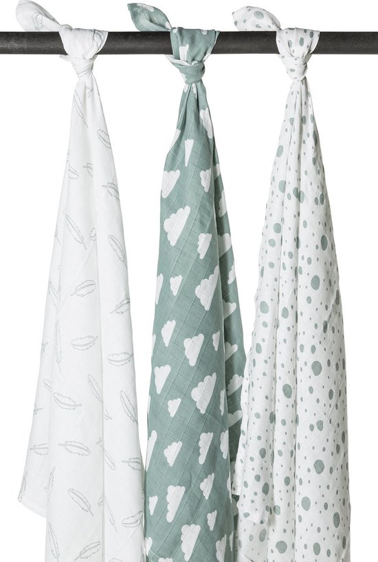 Meyco Baby Clouds/Dots/Feathers swaddle - 3-pack - hydrofiel - stone green - 120x120cm van Meyco