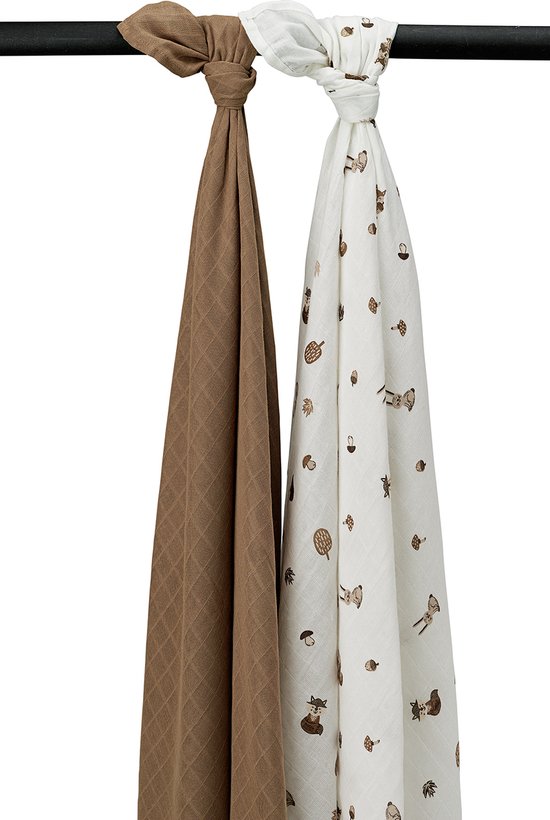 Meyco Baby Forest Animals swaddle - 2-pack - hydrofiel - toffee - 120x120cm van Meyco Baby