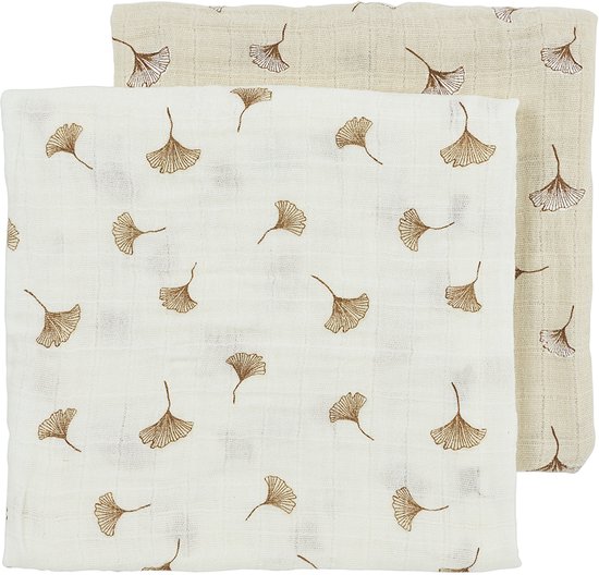 Meyco Baby Ginkgo pre-washed hydrofiele doeken - 2-pack - pre-washed hydrofiel - offwhite/soft sand - 70x70cm van Meyco