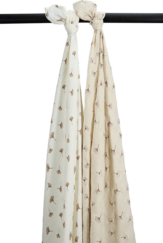 Meyco Baby Ginkgo swaddle - 2-pack - pre-washed hydrofiel - offwhite/soft sand - 120x120cm van Meyco Baby