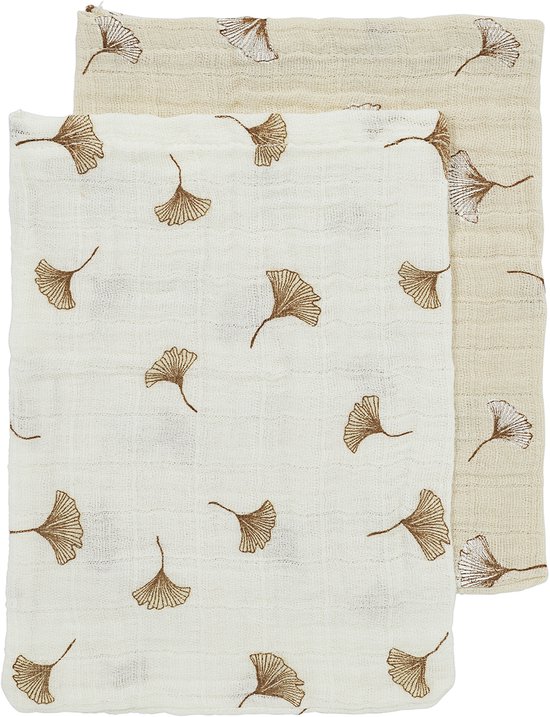 Meyco Baby Ginkgo washandjes - 2-pack - pre-washed hydrofiel - offwhite/soft sand - 20x17cm van Meyco Baby