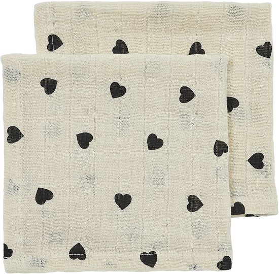Meyco Baby Sweet Heart monddoekjes - 2-pack - pre-washed hydrofiel - soft sand/black - 30x30cm van Meyco