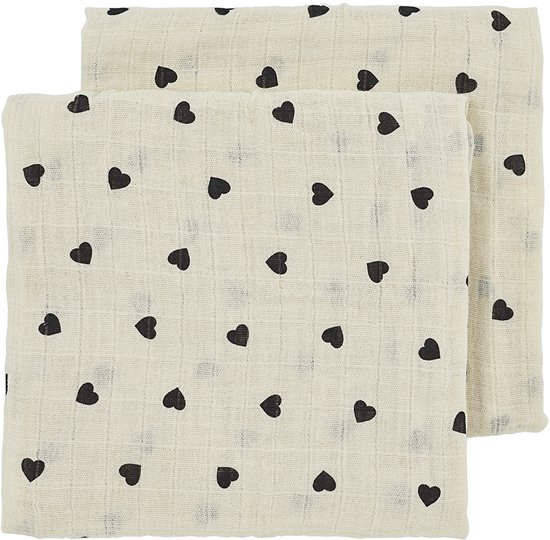 Meyco Baby Sweet Heart pre-washed hydrofiele doeken - 2-pack - pre-washed hydrofiel - soft sand/black - 70x70cm van Meyco