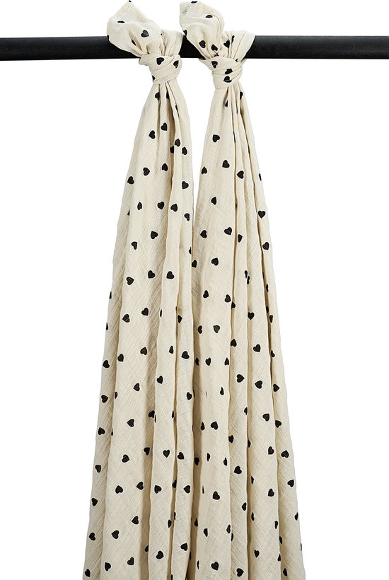 Meyco Baby Sweet Heart swaddle - 2-pack - pre-washed hydrofiel - soft sand/black - 120x120cm van Meyco