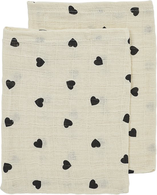 Meyco Baby Sweet Heart washandjes - 2-pack - pre-washed hydrofiel - soft sand/black - 20x17cm van Meyco