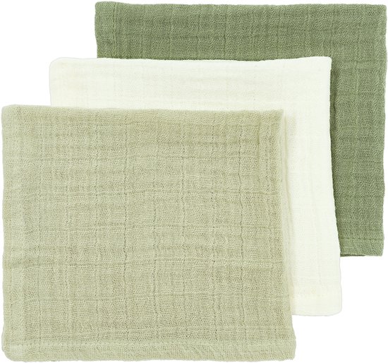 Meyco Baby Uni Monddoekjes - 3 Stuks - Pre-Washed Hydrofiel - 30 x 30 cm - Naturel/Soft Olive/Olive Green van Meyco