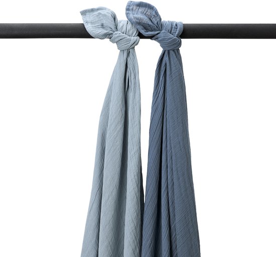 Meyco Baby Uni Pre-washed Hydrofiele Swaddles - Pre-washed Hydrofiel - Natural/Jeans Blue/Indigo - 120x120cm - 2-pack van Meyco