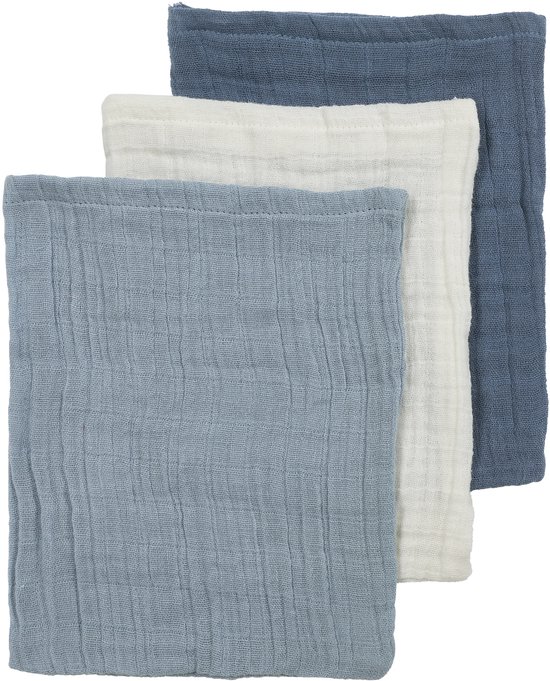 Meyco Baby Uni Pre-washed Hydrofiele Washandjes - Pre-washed Hydrofiel - Natural/Jeans Blue/Indigo - 20x17cm - 3-pack van Meyco