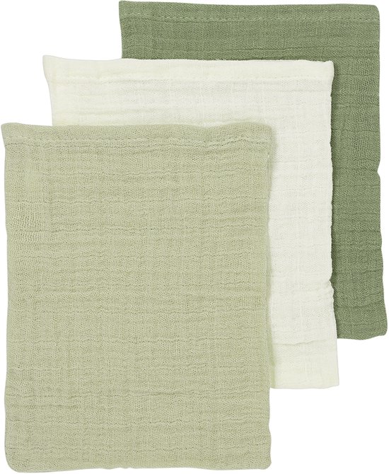 Meyco Baby Uni washandjes - 3-pack - pre-washed hydrofiel - naturel/soft olive/olive green - 20x17cm van Meyco Baby