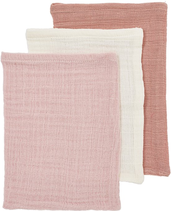 Meyco Baby Uni washandjes - 3-pack - pre-washed hydrofiel - soft rose/rose/natural - 20x17cm van Meyco