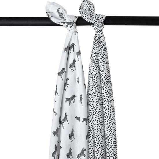 Meyco Baby Zebra Animal swaddle - 2-pack - hydrofiel - black - 120x120cm van Merkloos