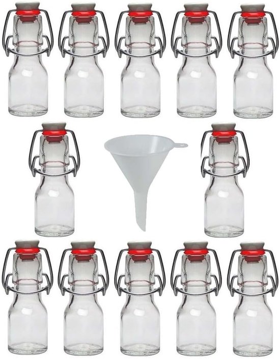 MGM Trading 12 x mini glazen fles 50 ml met beugelsluiting van porselein om te vullen, te gebruiken als kleine likeurfles en oliefles (incl. trechter Ø 7 cm)