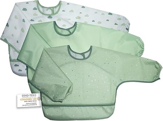 MiaMia Waterdichte slabbetjes met lange mouwen en opvangzak, 3 babyslabbetjes met klittenbandsluiting, Oeko-Tex 100, wasbaar - groen, Groen, One size van Mi