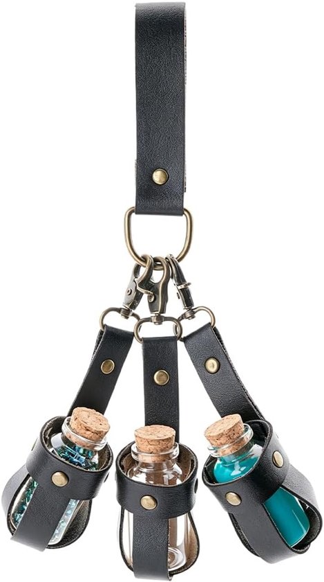 Middeleeuwse drankfles van glas met kurkstop, houder van PU-leer, tas riem, middeleeuwse tas, retro, riem met 3 flessen, accessoires voor kostuum cosplay, Zwart, 160x38x41mm
