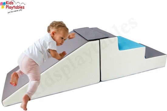 Midi glijbaan Blauw-Grijs-Wit, Zachte Soft Play Foam Blokken 2-delige set | grote speelblokken | motoriek baby speelgoed | foamblokken | reuze bouwblokken | Soft play peuter speelgoed | schuimblokken van Mi