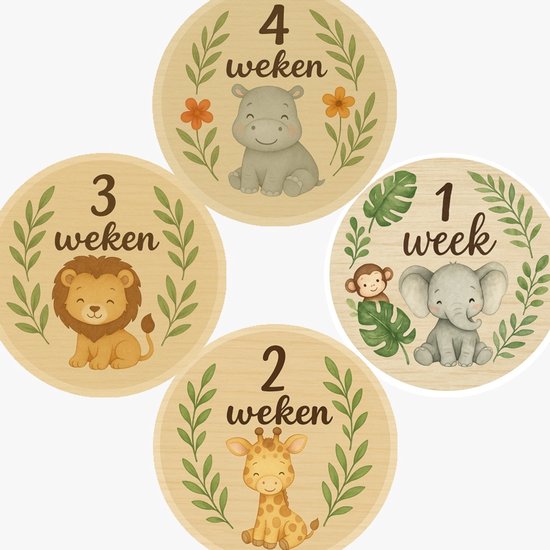 Mijlpaal bordjes baby - jungle - 1 t/m 4 weken - 15 cm van Tinyy Sharing.