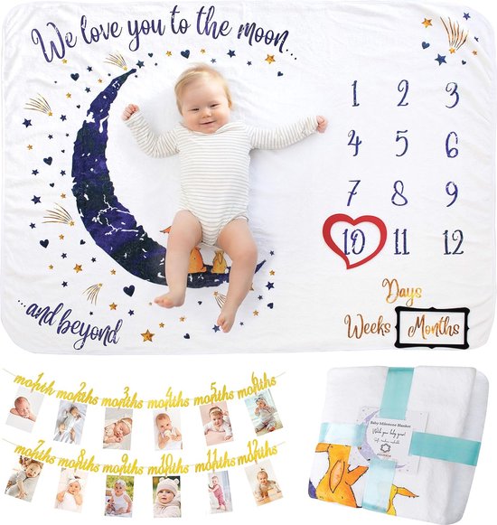 Mijlpaal Deken voor Baby's | Unisex Maandelijkse Fotoherinnering met Verjaardagslinger | Zachte en Comfortabele Deken met Maan en Sterren Thema van Mi