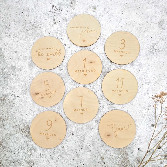 Mijlpaalcirkels - 18 ontwerpen - houten mijlpaalschijven - babyshower cadeau - Fien & Feau van Merkloos