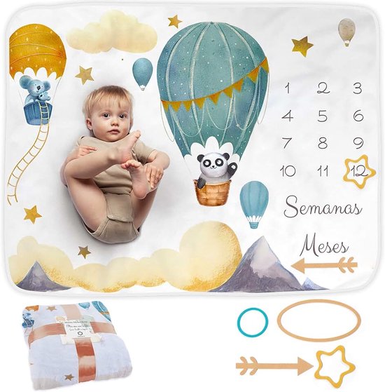 Mijlpaaldeken in het Spaans, maanddeken voor baby's, jongens en meisjes, uniseks, ballon met motief, gepersonaliseerd cadeau voor pasgeborenen, babydeken, mijlpaaldeken en lijst