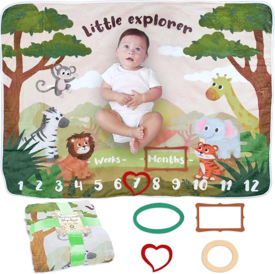Mijlpaaldeken voor Baby | Perfect Kraamcadeau | Unisex Fotodeken met Safari en Jungle Thema | Zacht en Comfortabel | Ideaal voor Maandelijkse Herinneringen van Mi