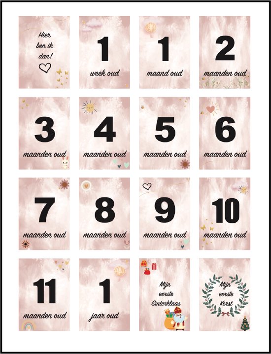 Mijlpaalkaarten baby girl - meisje - milestone cards - Eerste levensjaar van Mi