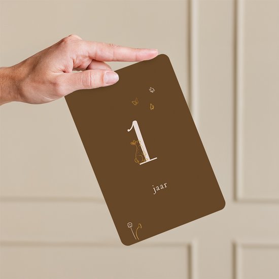 Mijlpaalkaarten Baby met Goudfolie – 20 Luxe (a6) kaarten voor eerste jaar – Unisex – Perfect als kraamcadeau - Bosdieren - Bruin en beige - Babyshower van Kraambox.