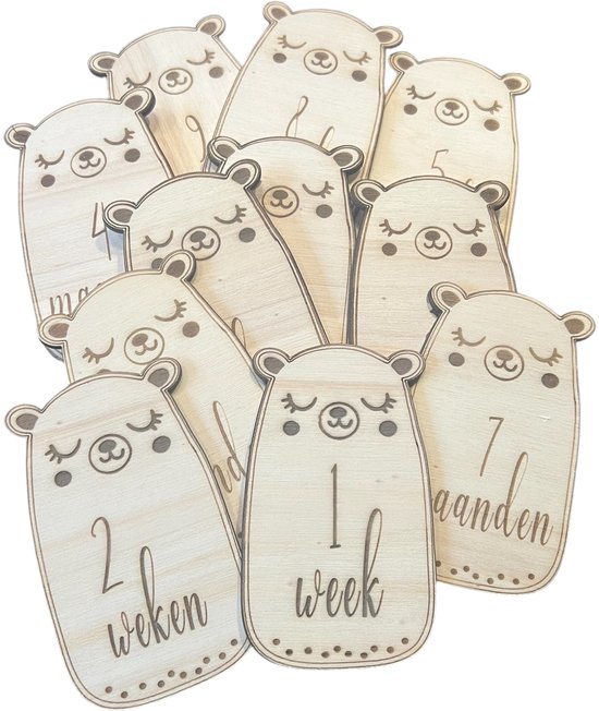 Mijlpaalkaarten beertje - Houten Mijlpaalkaarten Baby - Wooden Milestones - Natuurlijke Foto Kaarten - Nude Baby Accessoire - Kraam Cadeau - Baby Pakket Milestone - Mijlpaalschijf Baby - Zwangerschap van Merkloos