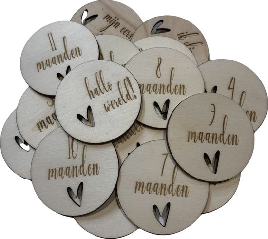 Mijlpaalkaarten hartje - Houten Mijlpaalkaarten Baby - 18 mijlpalen - Natuurlijke Foto Kaarten - Nude Baby Accessoire - Kraam Cadeau - Baby Pakket Milestone - Mijlpaalschijf Baby - Zwangerschap van Babyhugs