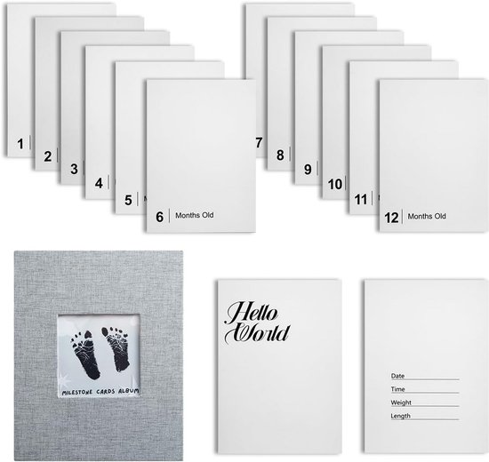 Mijlpaalkaarten Set voor Baby met Inktloze Afdrukkit - Maanden Kaartjes & Pootafdruk Set