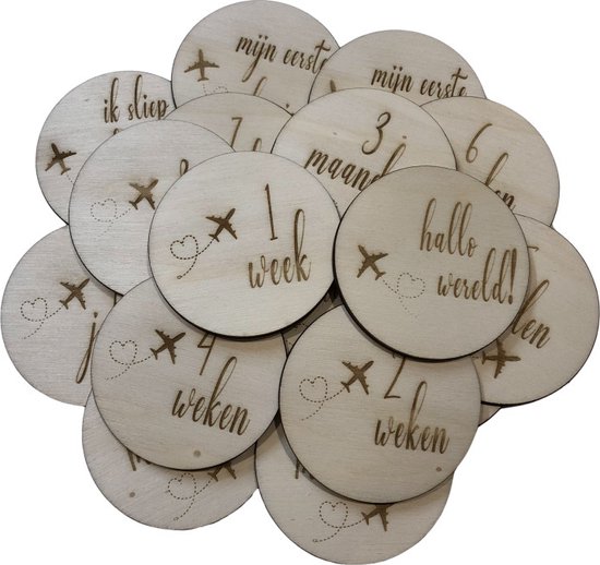 Mijlpaalkaarten vliegtuig - Houten Mijlpaalkaarten Baby - Wooden Milestones - Natuurlijke Foto Kaarten - Nude Baby Accessoire - Kraam Cadeau - Baby Pakket Milestone - Mijlpaalschijf Baby - Zwangerschap van Merkloos