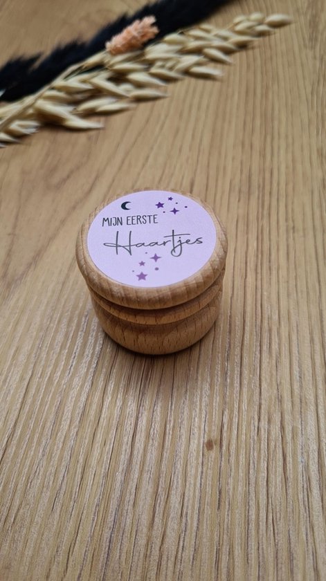 Mijn Eerste haartjes Bewaarpotje - Houten Bewaardoosje | haartjes | haarlokdoosje | opdruk: sticker Licht roze | bewaarpotje | haarlokpotje van Mi