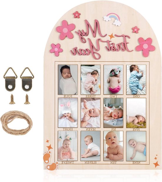 Mijn Eerste Jaar Fotolijst - Baby - 3D Madeliefjebloem - Hout - Baby's Eerste Jaar - Fotodisplay - 12 Maanden - Babyfotolijst - Maandelijkse Fotobanner - Pasgeboren Baby - Kinderkamerdecoratie - Geschikt voor Pasgeboren Baby's - Houten Bord van Merkloos