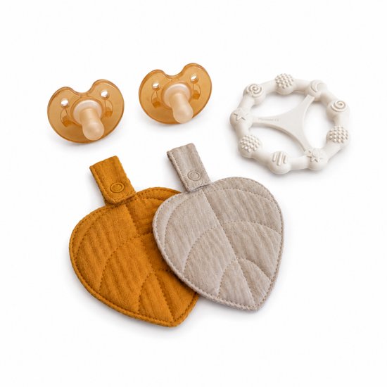 MijnNami Bonding Set Natural - 2 Bonding Leafs, 2 Spenen & Montessori Bijtring - Voor Speen, Speenkoord & Bijtring