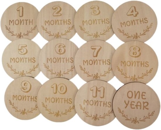 Mijpaalkaarten - Mijlpaal schijven van hout - Milestone - Foto kaarten baby - 12 stuks van Merkloos