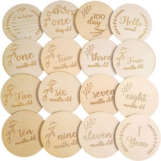 Mijpaalkaarten - Mijlpaal schijven van hout - Milestone - Foto kaarten baby - 16 stuks van Merkloos