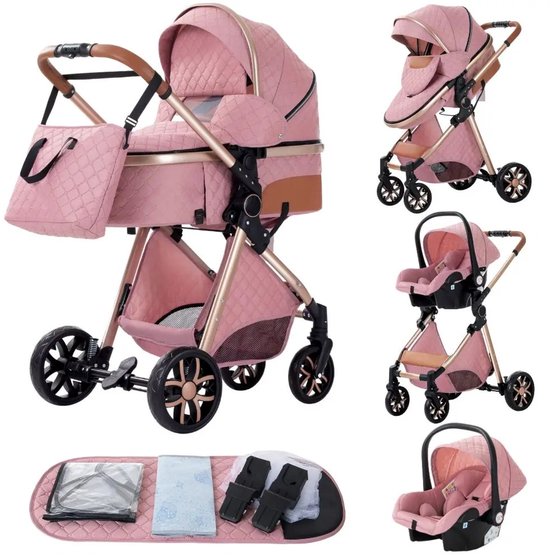Mila Shop 3 in 1 Kinderwagen - Incl autostoel - Wandelwagen - Zwart/Rosé - Babywagen - Incl Maxi Cosi